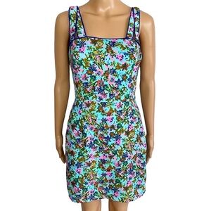 Anthropologie Under Skies Blue & Pink Floral Square Neck Sleeveless Mini Dress